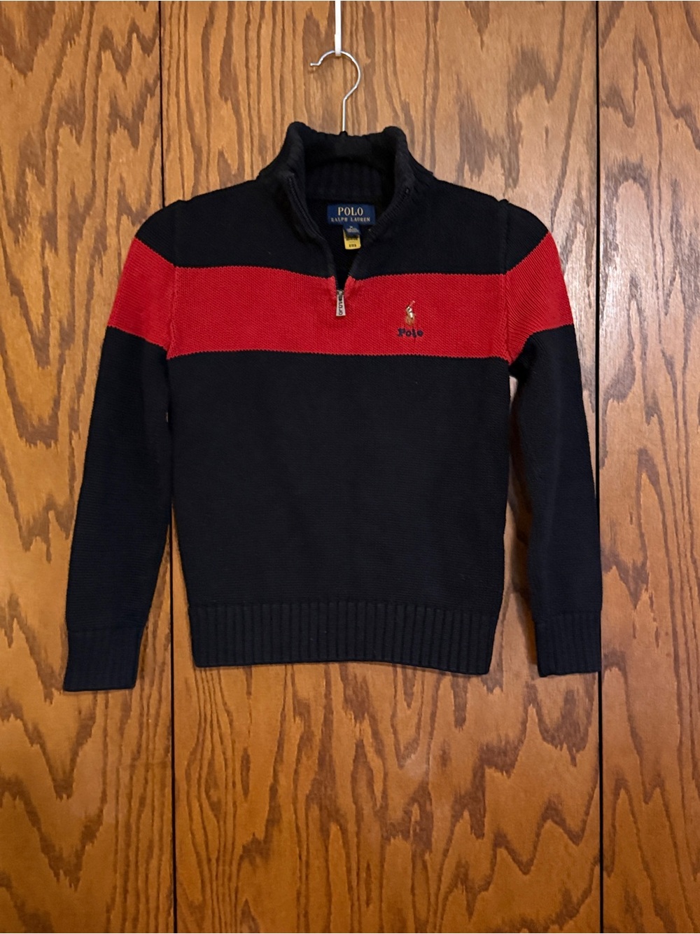 Polo Ralph Lauren Boys M 10-12 Quarter Zip Sweater Red Black 100% Cotton